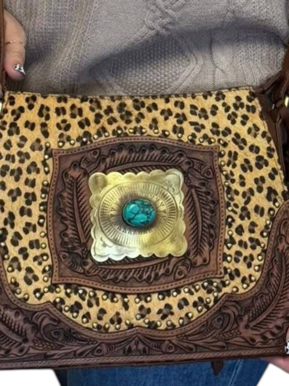 NEW AMERICAN DARLING genuine leather tooled leopard shoulder bag in brown